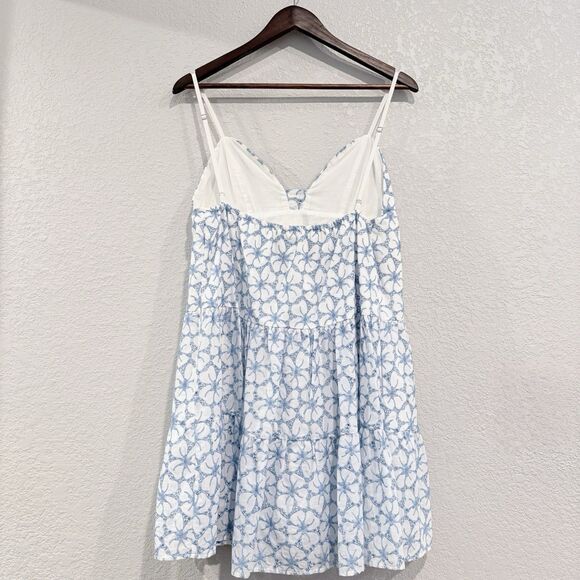 Milly Evelyn Tiered Eyelet Mini Dress Blue Floral Embroidered Spaghetti Straps - Picture 3 of 13